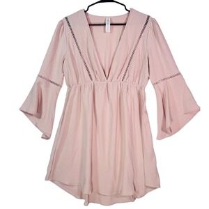 B Beige Boho Bell Sleeve V-Neck Tunic Dress Crochet Trim Size M Maternity